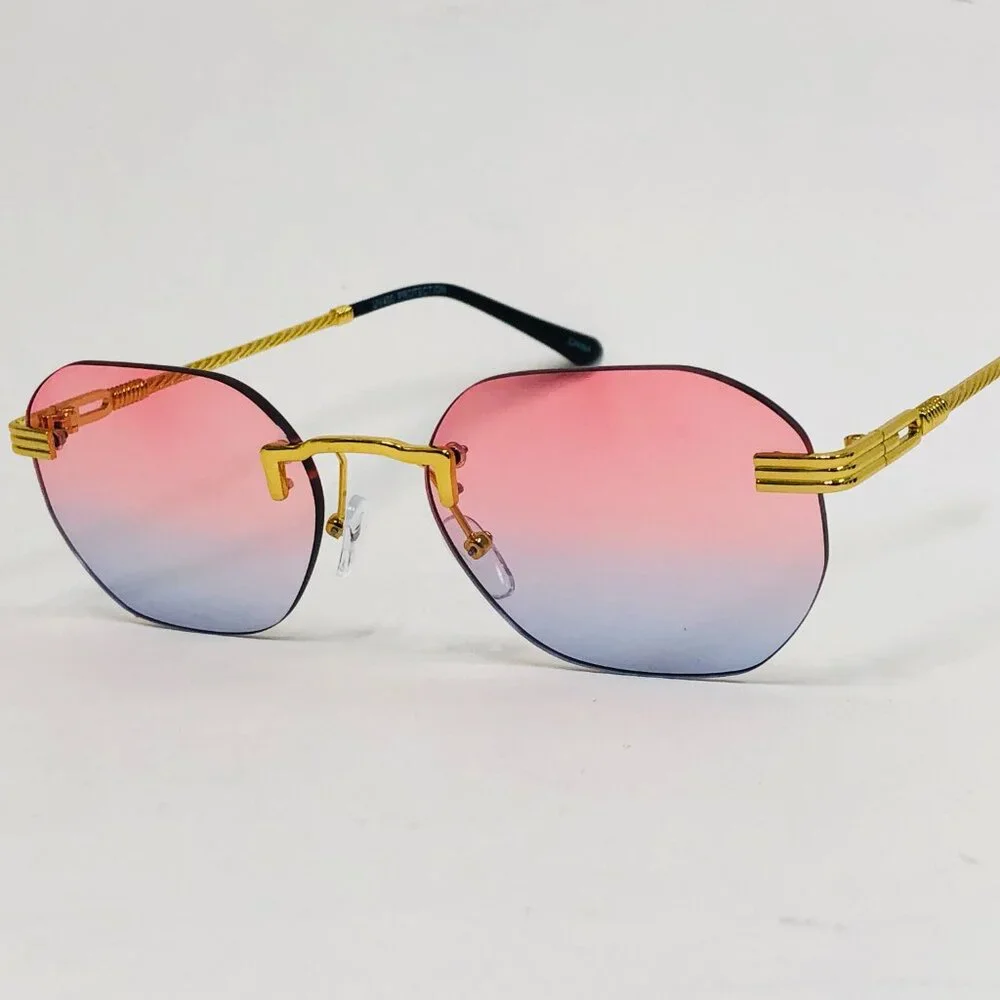 Hip Hop Women Men Sunglasses Pink Blue Rimless Round Trendy Shades Gold‎ Metal